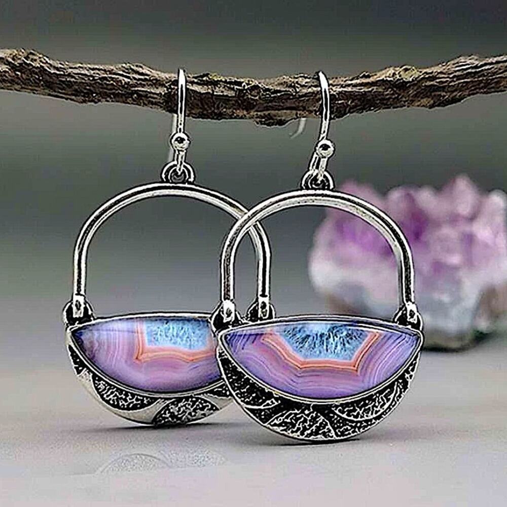 Vintage Handmade Silver Purple Hollow Out Boho Dangle Earrings